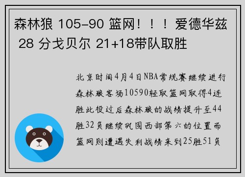 森林狼 105-90 篮网！！！爱德华兹 28 分戈贝尔 21+18带队取胜