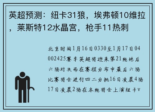 英超预测：纽卡31狼，埃弗顿10维拉，莱斯特12水晶宫，枪手11热刺